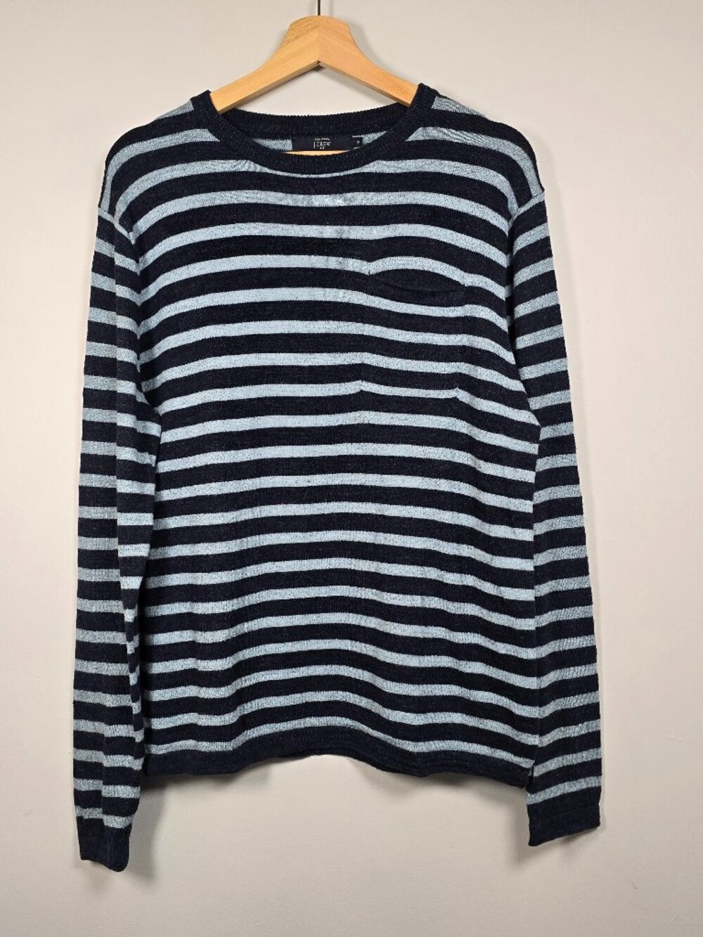 J-CREW men's cotton navy and blue striped long sleeve chest pocket knit  sz M